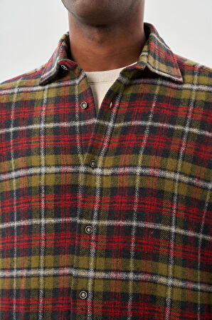 Koyu Yeşil Yünlü Ekose Desen Yumuşak Yaka Cepsiz Uzun Kol Casual Comfort Fit Gömlek 1004245227