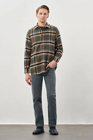 Koyu Haki Yünlü Ekose Desen Yumuşak Yaka Cepsiz Uzun Kol Casual Comfort Fit Gömlek 1004245227