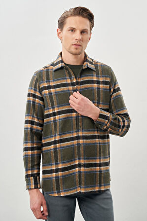 Koyu Haki Yünlü Ekose Desen Yumuşak Yaka Cepsiz Uzun Kol Casual Comfort Fit Gömlek 1004245227