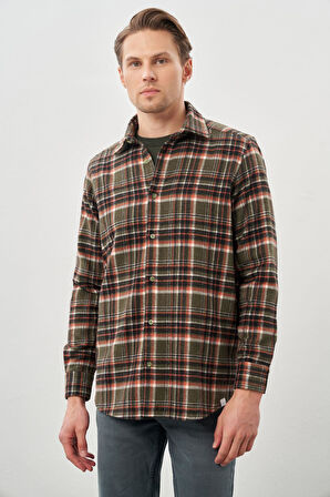 Haki Yünlü Ekose Desen Yumuşak Yaka Cepsiz Uzun Kol Casual Comfort Fit Gömlek 1004245227