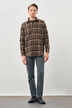 Haki Yünlü Ekose Desen Yumuşak Yaka Cepsiz Uzun Kol Casual Comfort Fit Gömlek 1004245227