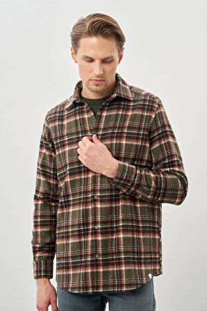 Haki Yünlü Ekose Desen Yumuşak Yaka Cepsiz Uzun Kol Casual Comfort Fit Gömlek 1004245227