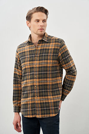 Hardal Yünlü Ekose Desen Yumuşak Yaka Cepsiz Uzun Kol Casual Comfort Fit Gömlek 1004245227