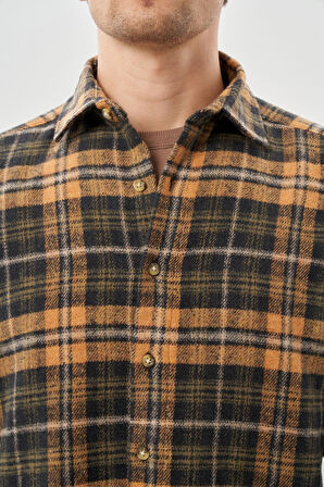 Hardal Yünlü Ekose Desen Yumuşak Yaka Cepsiz Uzun Kol Casual Comfort Fit Gömlek 1004245227