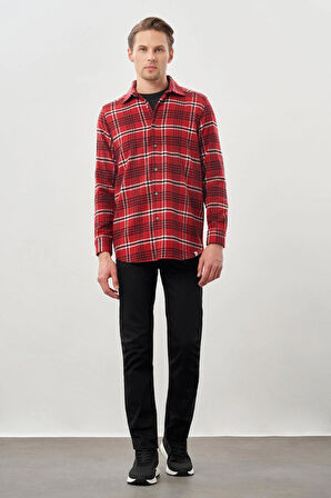 Açık Kırmızı Yünlü Ekose Desen Yumuşak Yaka Cepsiz Uzun Kol Casual Comfort Fit Gömlek 1004245227