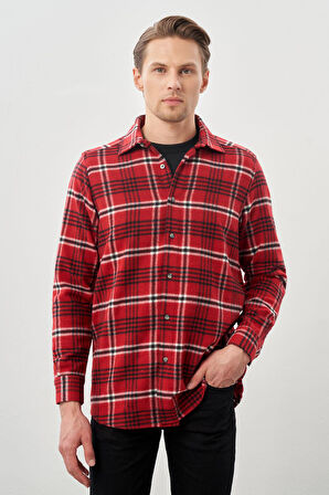 Açık Kırmızı Yünlü Ekose Desen Yumuşak Yaka Cepsiz Uzun Kol Casual Comfort Fit Gömlek 1004245227