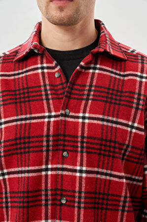 Açık Kırmızı Yünlü Ekose Desen Yumuşak Yaka Cepsiz Uzun Kol Casual Comfort Fit Gömlek 1004245227