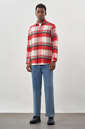 Koyu Kırmızı Yünlü Ekose Desen Yumuşak Yaka Cepsiz Uzun Kol Casual Comfort Fit Gömlek 1004245227