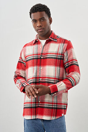 Koyu Kırmızı Yünlü Ekose Desen Yumuşak Yaka Cepsiz Uzun Kol Casual Comfort Fit Gömlek 1004245227