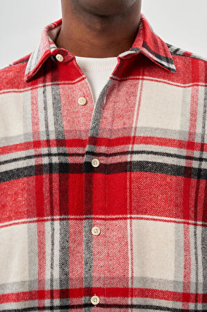 Koyu Kırmızı Yünlü Ekose Desen Yumuşak Yaka Cepsiz Uzun Kol Casual Comfort Fit Gömlek 1004245227