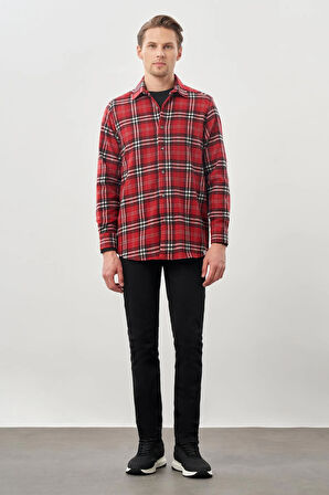 Bordo Yünlü Ekose Desen Yumuşak Yaka Cepsiz Uzun Kol Casual Comfort Fit Gömlek 1004245227