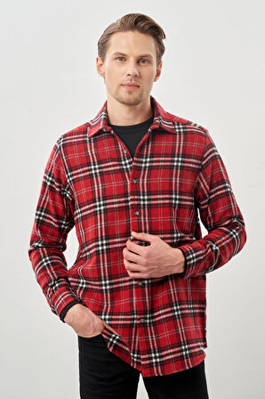 Bordo Yünlü Ekose Desen Yumuşak Yaka Cepsiz Uzun Kol Casual Comfort Fit Gömlek 1004245227