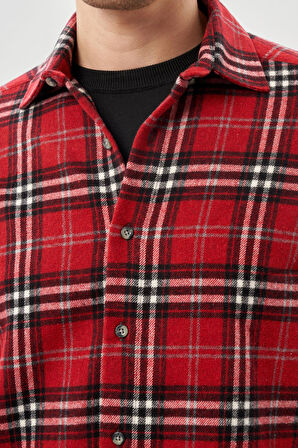 Bordo Yünlü Ekose Desen Yumuşak Yaka Cepsiz Uzun Kol Casual Comfort Fit Gömlek 1004245227