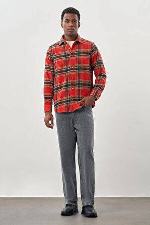 Bordo Yünlü Ekose Desen Yumuşak Yaka Cepsiz Uzun Kol Casual Comfort Fit Gömlek 1004245227