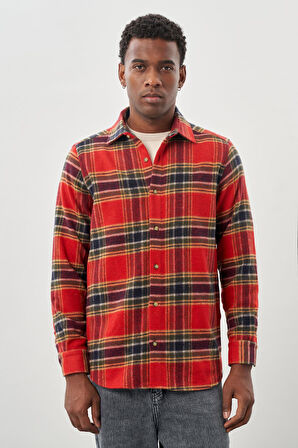 Bordo Yünlü Ekose Desen Yumuşak Yaka Cepsiz Uzun Kol Casual Comfort Fit Gömlek 1004245227