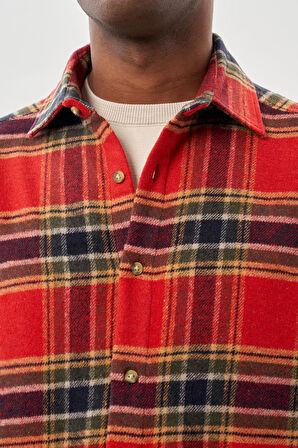 Bordo Yünlü Ekose Desen Yumuşak Yaka Cepsiz Uzun Kol Casual Comfort Fit Gömlek 1004245227