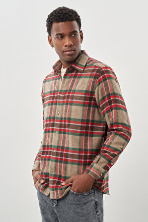 Mürdüm Yünlü Ekose Desen Yumuşak Yaka Cepsiz Uzun Kol Casual Comfort Fit Gömlek 1004245227