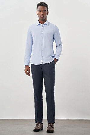 Mavi Uzun Kollu Sert Yaka Cepsiz Pamuklu Likralı Klasik Slim Fit Dar Kesim Gömlek 1004245234