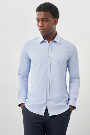 Mavi Uzun Kollu Sert Yaka Cepsiz Pamuklu Likralı Klasik Slim Fit Dar Kesim Gömlek 1004245234