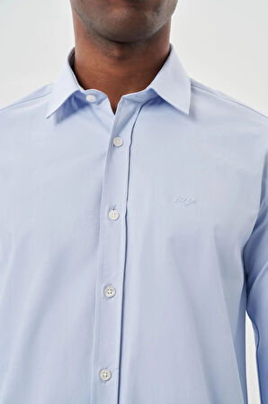 Mavi Uzun Kollu Sert Yaka Cepsiz Pamuklu Likralı Klasik Slim Fit Dar Kesim Gömlek 1004245234