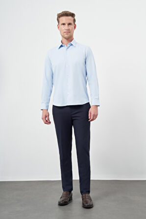 Koyu Mavi Uzun Kol Düz Bez Ayağı Sert Yaka Cepsiz Pamuklu Classic Slim Fit Gömlek 1004245267