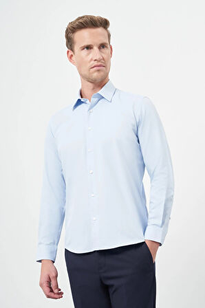 Koyu Mavi Uzun Kol Düz Bez Ayağı Sert Yaka Cepsiz Pamuklu Classic Slim Fit Gömlek 1004245267