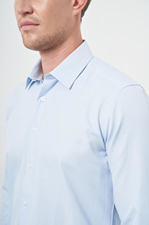 Koyu Mavi Uzun Kol Düz Bez Ayağı Sert Yaka Cepsiz Pamuklu Classic Slim Fit Gömlek 1004245267