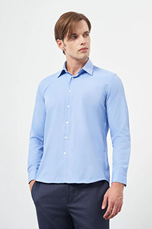 Mavi Uzun Kol Düz Bez Ayağı Sert Yaka Cepsiz Pamuklu Classic Slim Fit Gömlek 1004245267