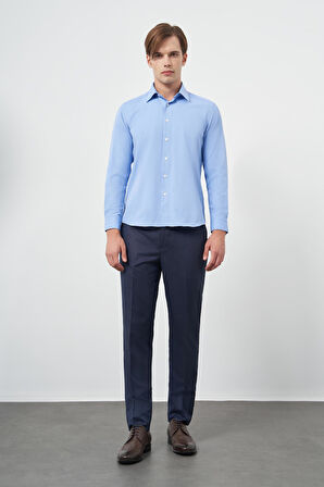 Mavi Uzun Kol Düz Bez Ayağı Sert Yaka Cepsiz Pamuklu Classic Slim Fit Gömlek 1004245267