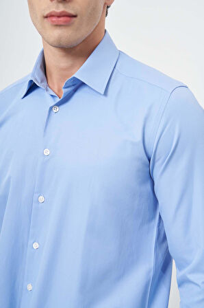 Mavi Uzun Kol Düz Bez Ayağı Sert Yaka Cepsiz Pamuklu Classic Slim Fit Gömlek 1004245267