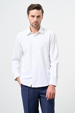Beyaz Uzun Kol Düz Bez Ayağı Sert Yaka Cepsiz Pamuklu Classic Slim Fit Gömlek 1004245267