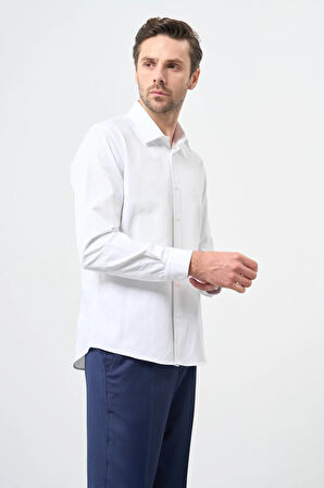 Beyaz Uzun Kol Düz Bez Ayağı Sert Yaka Cepsiz Pamuklu Classic Slim Fit Gömlek 1004245267
