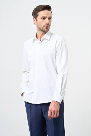 Beyaz Uzun Kol Düz Bez Ayağı Sert Yaka Cepsiz Pamuklu Classic Slim Fit Gömlek 1004245267