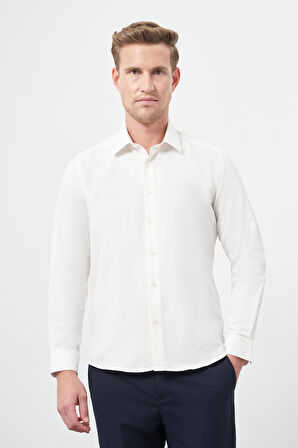 Açık Krem Uzun Kol Düz Bez Ayağı Sert Yaka Cepsiz Pamuklu Classic Slim Fit Gömlek 1004245267