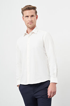 Açık Krem Uzun Kol Düz Bez Ayağı Sert Yaka Cepsiz Pamuklu Classic Slim Fit Gömlek 1004245267