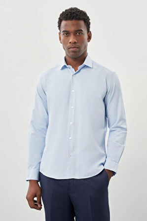 Koyu Mavi Uzun Kol Düz Bez Ayağı Yarım İtalyan Yaka Cepsiz Pamuklu Classic Slim Fit Gömlek 1004245268