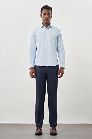 Koyu Mavi Uzun Kol Düz Bez Ayağı Yarım İtalyan Yaka Cepsiz Pamuklu Classic Slim Fit Gömlek 1004245268