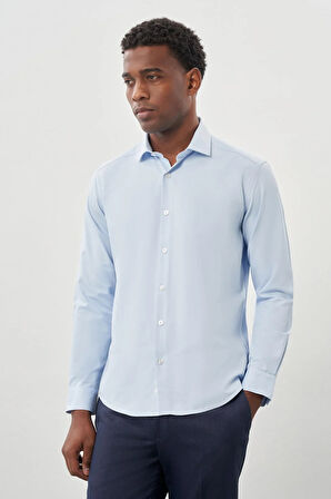 Koyu Mavi Uzun Kol Düz Bez Ayağı Yarım İtalyan Yaka Cepsiz Pamuklu Classic Slim Fit Gömlek 1004245268