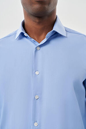 Mavi Uzun Kol Düz Bez Ayağı Yarım İtalyan Yaka Cepsiz Pamuklu Classic Slim Fit Gömlek 1004245268