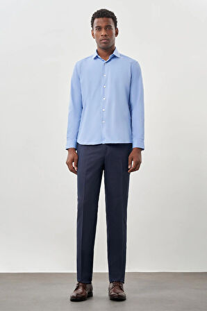 Mavi Uzun Kol Düz Bez Ayağı Yarım İtalyan Yaka Cepsiz Pamuklu Classic Slim Fit Gömlek 1004245268