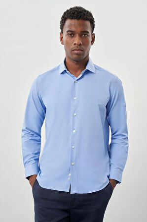 Mavi Uzun Kol Düz Bez Ayağı Yarım İtalyan Yaka Cepsiz Pamuklu Classic Slim Fit Gömlek 1004245268