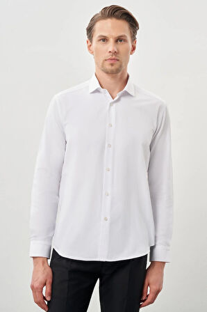 Beyaz Uzun Kol Düz Bez Ayağı Yarım İtalyan Yaka Cepsiz Pamuklu Classic Slim Fit Gömlek 1004245268