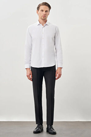Beyaz Uzun Kol Düz Bez Ayağı Yarım İtalyan Yaka Cepsiz Pamuklu Classic Slim Fit Gömlek 1004245268