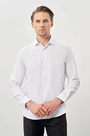 Beyaz Uzun Kol Düz Bez Ayağı Yarım İtalyan Yaka Cepsiz Pamuklu Classic Slim Fit Gömlek 1004245268