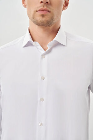 Beyaz Uzun Kol Düz Bez Ayağı Yarım İtalyan Yaka Cepsiz Pamuklu Classic Slim Fit Gömlek 1004245268