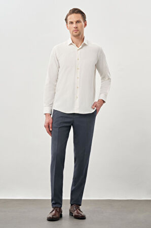Açık Krem Uzun Kol Düz Bez Ayağı Yarım İtalyan Yaka Cepsiz Pamuklu Classic Slim Fit Gömlek 1004245268