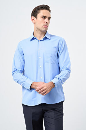 Mavi Uzun Kol Düz Bez Ayağı Sert Yaka Cep 30 Pamuklu Classic Comfort Fit Gömlek 1004245269_303