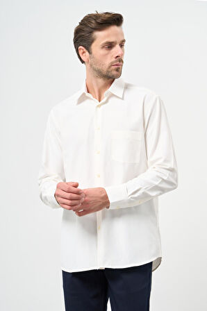 Açık Krem Uzun Kol Düz Bez Ayağı Sert Yaka Cep 30 Pamuklu Classic Comfort Fit Gömlek 1004245269_650