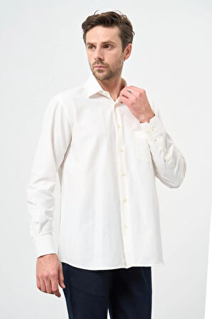 Açık Krem Uzun Kol Düz Bez Ayağı Sert Yaka Cep 30 Pamuklu Classic Comfort Fit Gömlek 1004245269_650