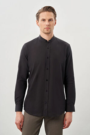 Siyah Uzun Kol Düz Bez Ayağı Hakim Yaka Cepsiz Pamuk Casual Slim Fit Gömlek 1004245270_001